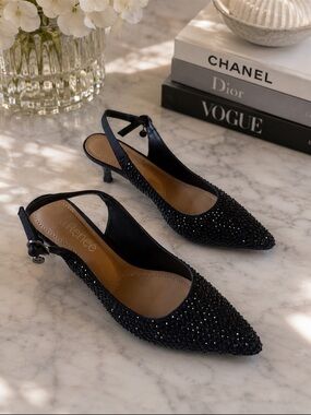 J. Renee Black Rhinestone Slingback Kitten Heels | Elegant Evening Shoes